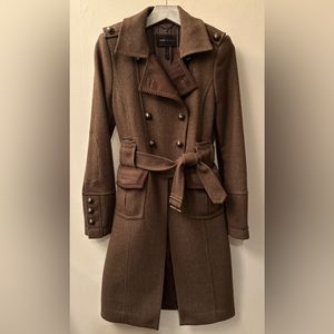 BCBG MaxAzria brown wool military style pea coat with belt, small